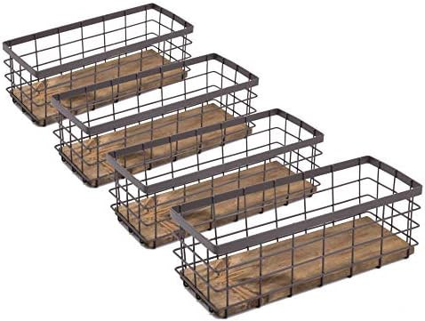 TIEYIPIN Small Metal Wire Storage Basket, Detachable Wood Base Storage Organizer Bin Basket for K... | Amazon (US)