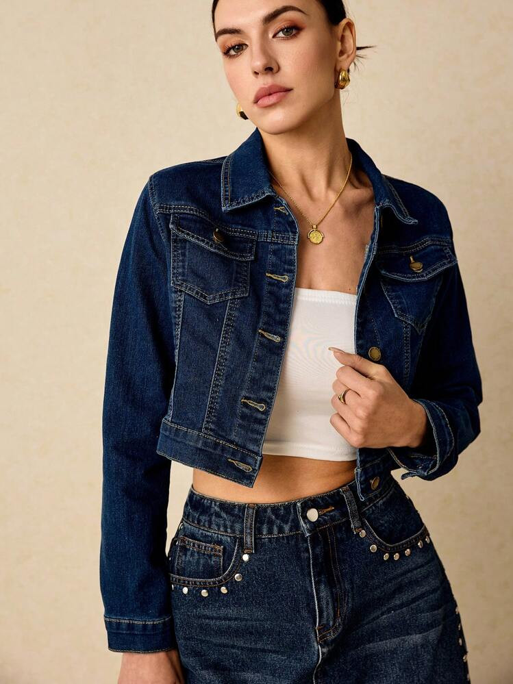 Poéselle 1 Pieza Cazadora Mezclilla Crop Con Bolsillo Con Solapa | SHEIN
