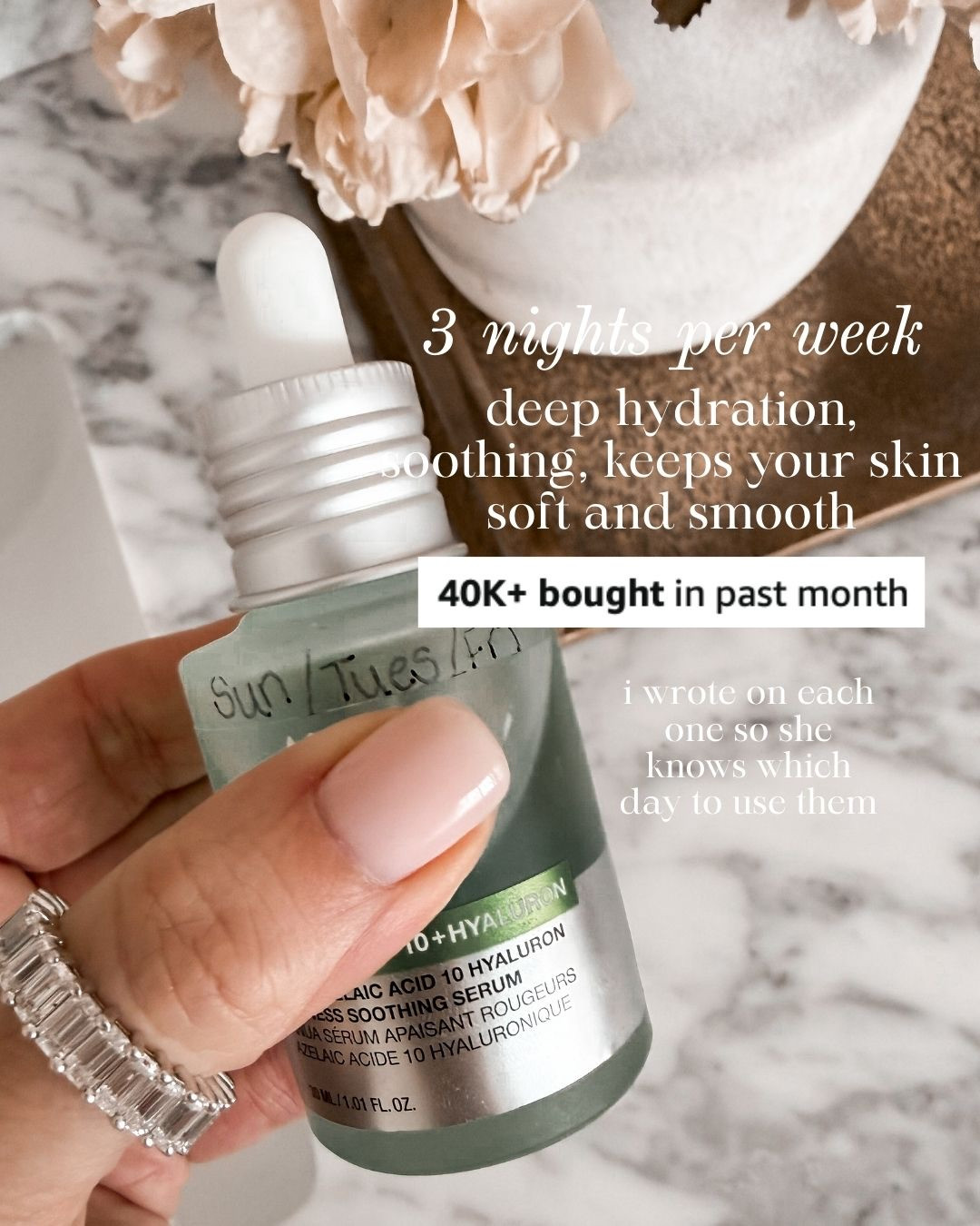 HYDRATION NIGHTS — SOOTHING, CALMING & DEEPLY MOISTURIZING! This is our go-to serum for hydration nights, used about three times a week to keep skin balanced and comfortable. It delivers deep moisture, helps calm the skin, and keeps everything feeling soft and smooth without heaviness. I even labeled the bottles by day so it’s easy to stay consistent. A simple step that makes a noticeable difference in overall skin feel and texture.

#Amazon #TheHillaryStyle #HydratingSerum #SkincareRoutine #SensitiveSkinCare #HydratedSkin #EveningSkincare #CalmSkin #BeautyEssentials 

 

#LTKmorningroutine #LTKselfcare #LTKOver40