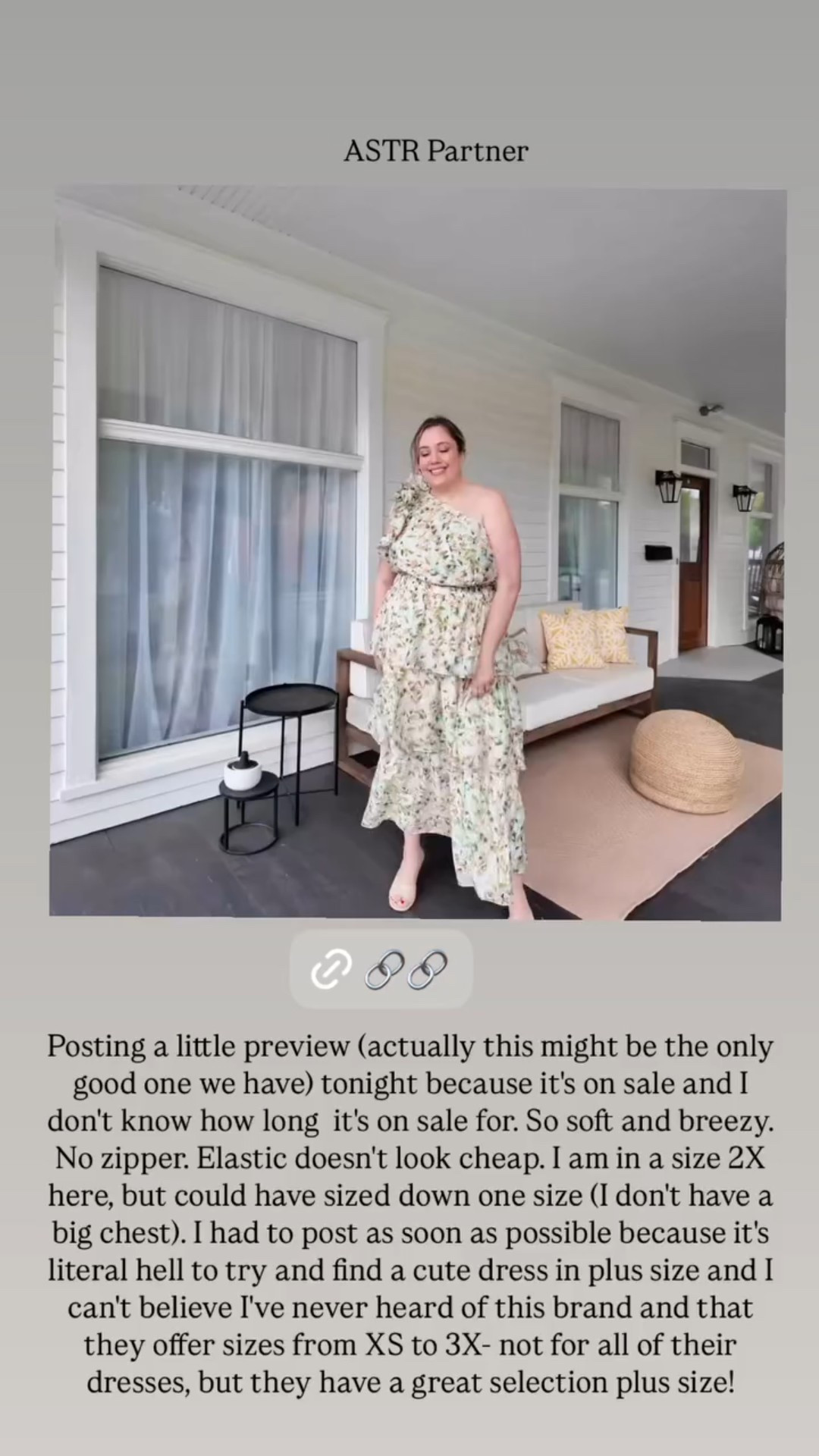 ASTR Partner  Posting a little preview (actually this might be the only good one we have) tonight because it's on sale and I don't know how long  it's on sale for. So soft and breezy. No zipper. Elastic doesn't look cheap. I am in a size 2X here, but could have sized down one size (I don't have a big chest). I had to post as soon as possible because it's literal hell to try and find a cute dress in plus size and I can't believe I've never heard of this brand and that they offer sizes from XS to 3X- not for all of their dresses, but they have a great selection plus size!