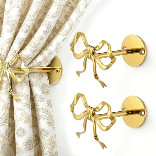 2-Piece Gold Bow Curtain Tiebacks, Metal Wall-Mounted Curtain Holdbacks, Gold Holders for Living Room, Bedroom, Office, and Home Decor | Amazon (US)