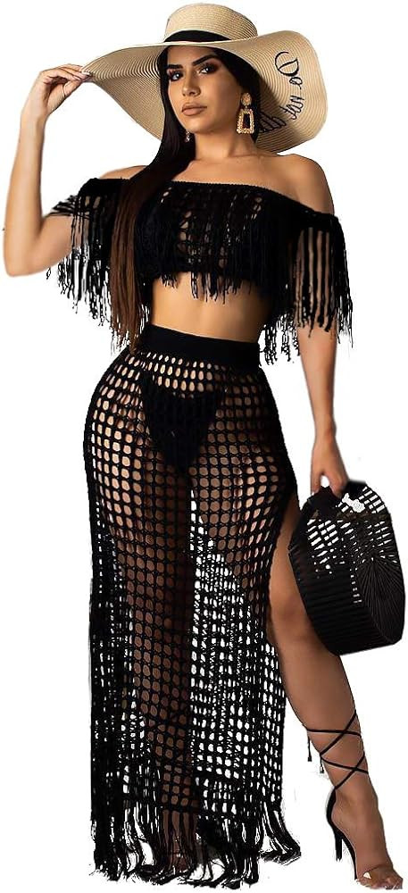 Women Crochet Cover Up 2 Piece Skirt Set Tassle Beach Outfits Summer Swimsuit Swimwear Coverups B... | Amazon (US)