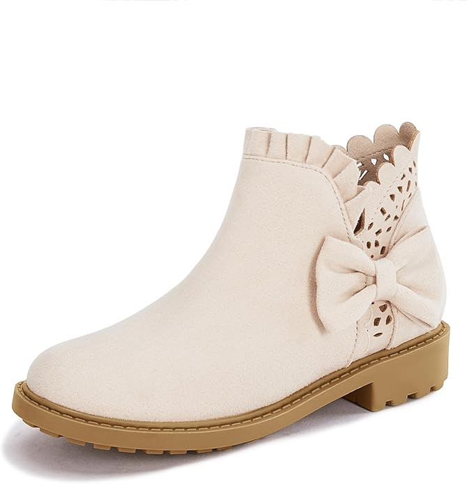 Coutgo Girls Bow Ankle Boots Ruffled Chunky Heel with Classic Side Zipper Dress Booties for Littl... | Amazon (US)
