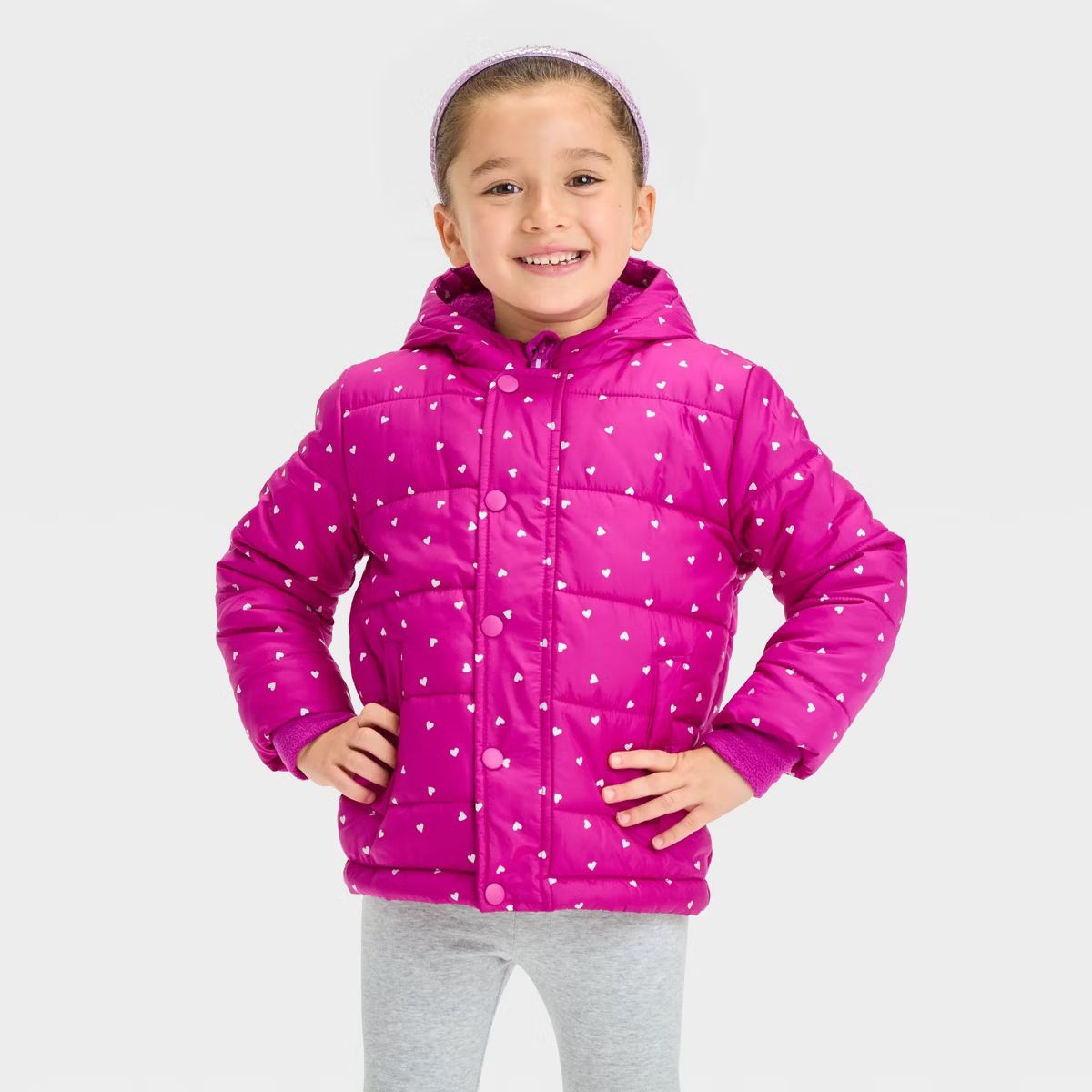 Toddler Girls' Heart Printed Puffer Jacket - Cat & Jack™ Magenta | Target