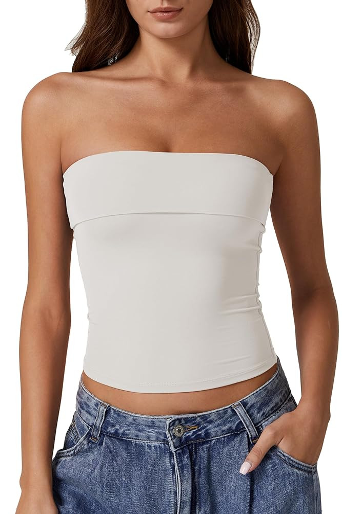 QINSEN Women's Tube Tops Strapless Bandeau Tops Double Lined Slim Fit Summer Going Out Tank Tops | Amazon (US)