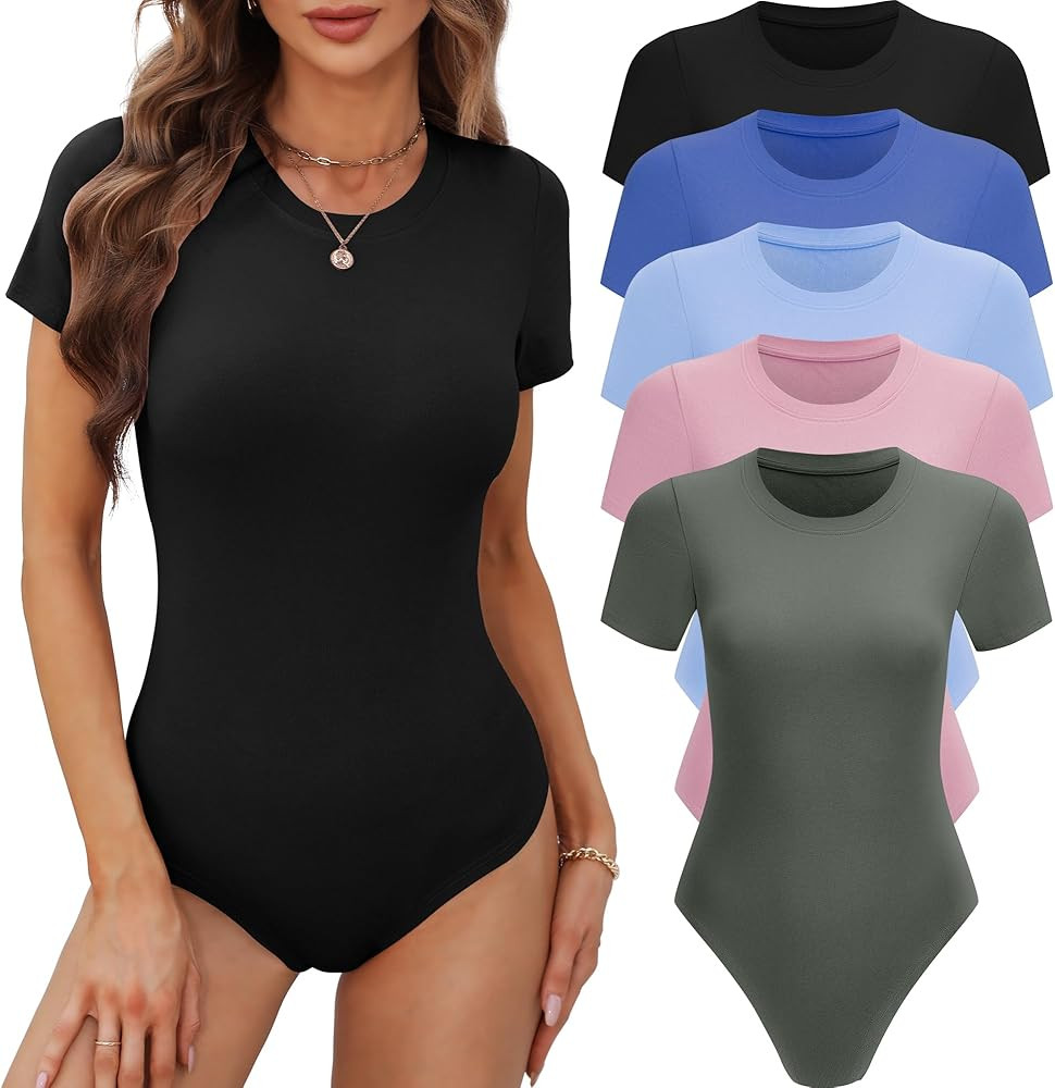 BALENNZ Women's 4/5 Pack Short Sleeve Round Neck Bodysuit Tops Crew Neck Basic Casual Tshirt Body... | Amazon (US)