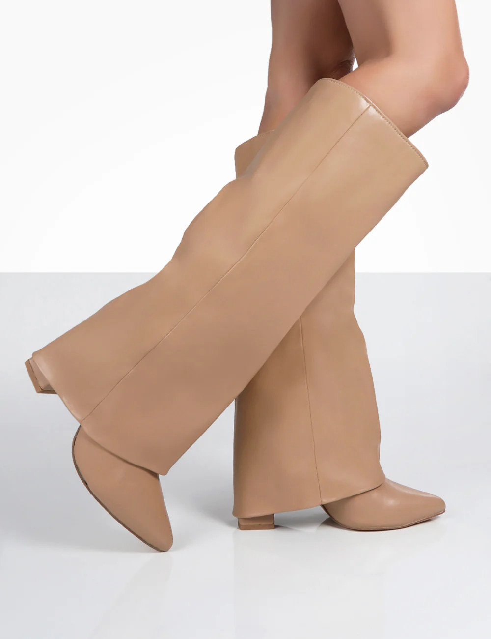 Zendaya Nude Pointed Toe Knee High Block Boots | Public Desire