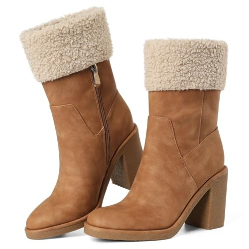North Oak Round Toe Warm Snow Ankle Boots for Woman Brown High Chunky Heel Winter Short Zipper Booties Faux Suede Shopping | Amazon (US)