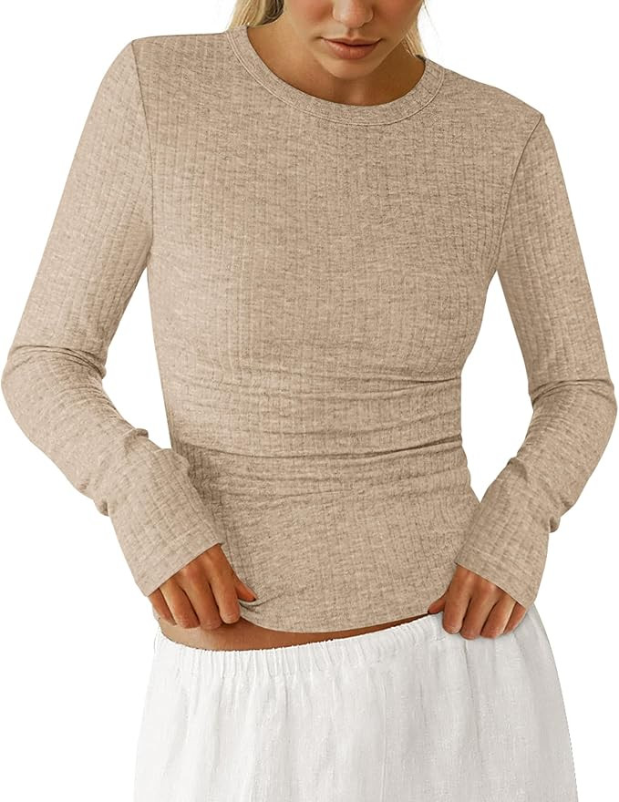 PRETTYGARDEN Womens Long Sleeve Shirts 2025 Ribbed Knit Slim Fitted Basic Tee Casual Going Out To... | Amazon (US)