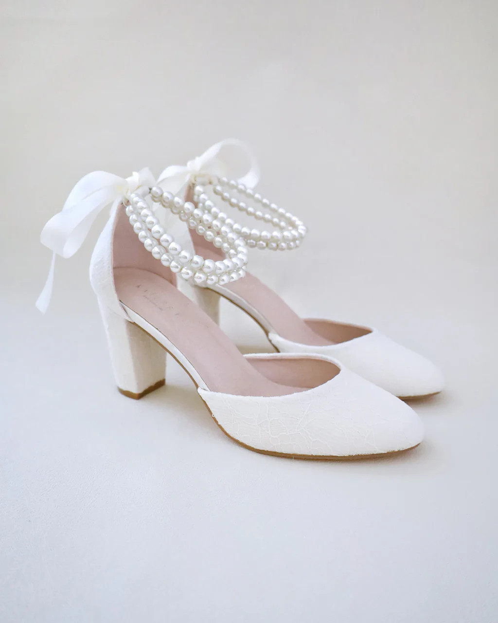 Lace Block Heel with Double Pearls Ankle Strap | Kailee P.