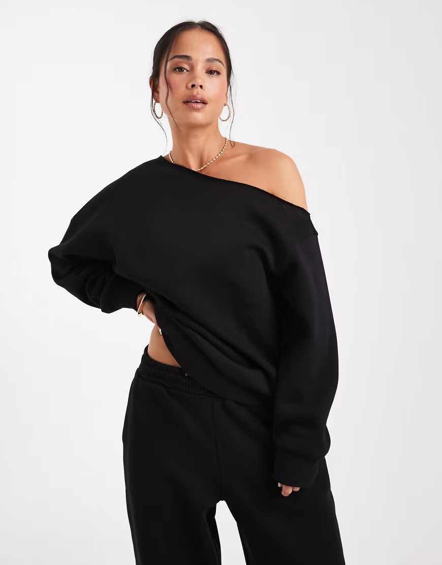 ASOS DESIGN off the shoulder brushback sweatshirt in black | ASOS (Global)