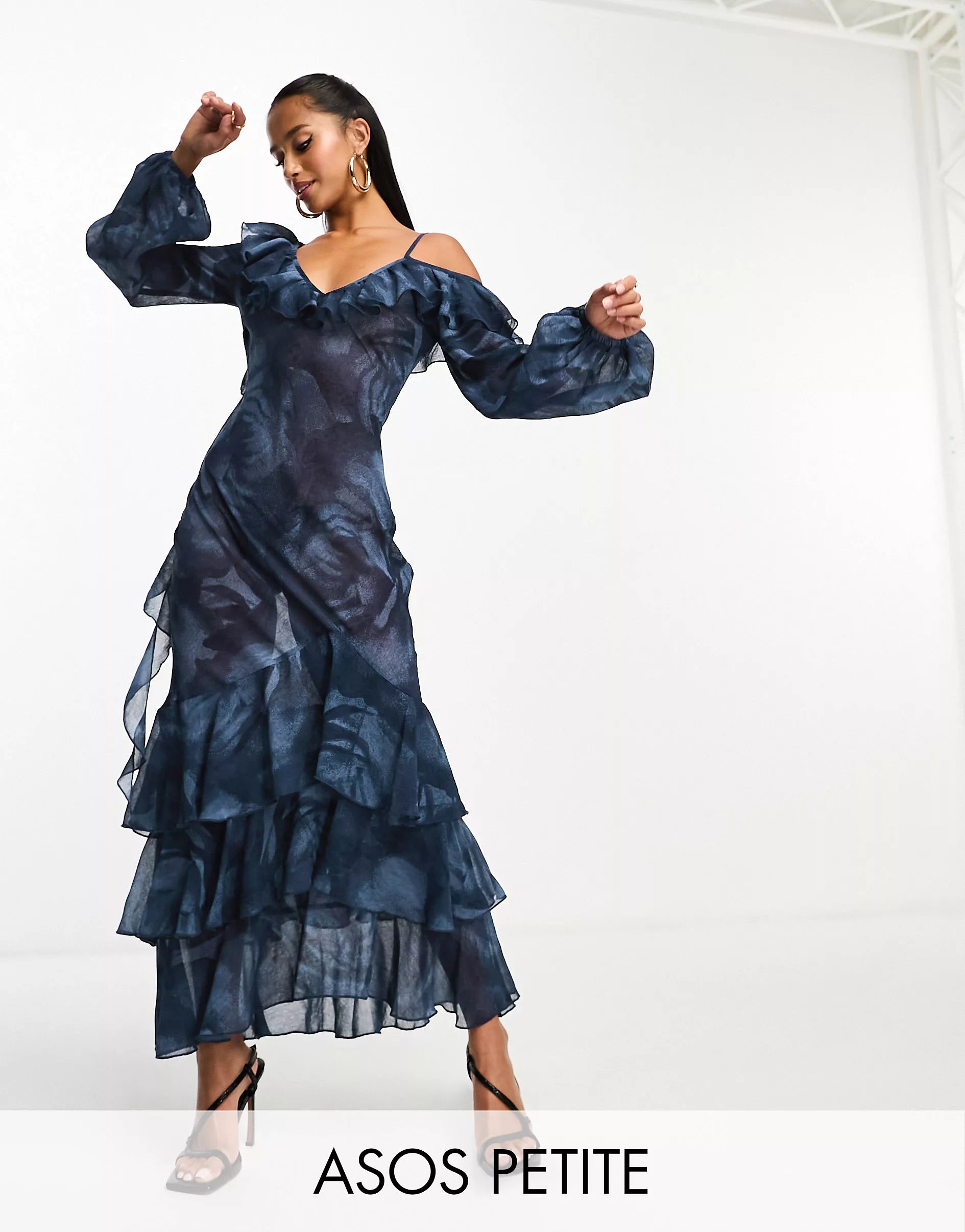 ASOS DESIGN Petite sheer ruffle strap maxi dress in blue floral | ASOS (Global)