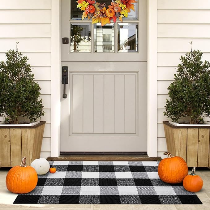 Fall Door Mat, Black and White Buffalo Plaid Outdoor Doormat, Washable Welcome Checkered Front Do... | Amazon (US)