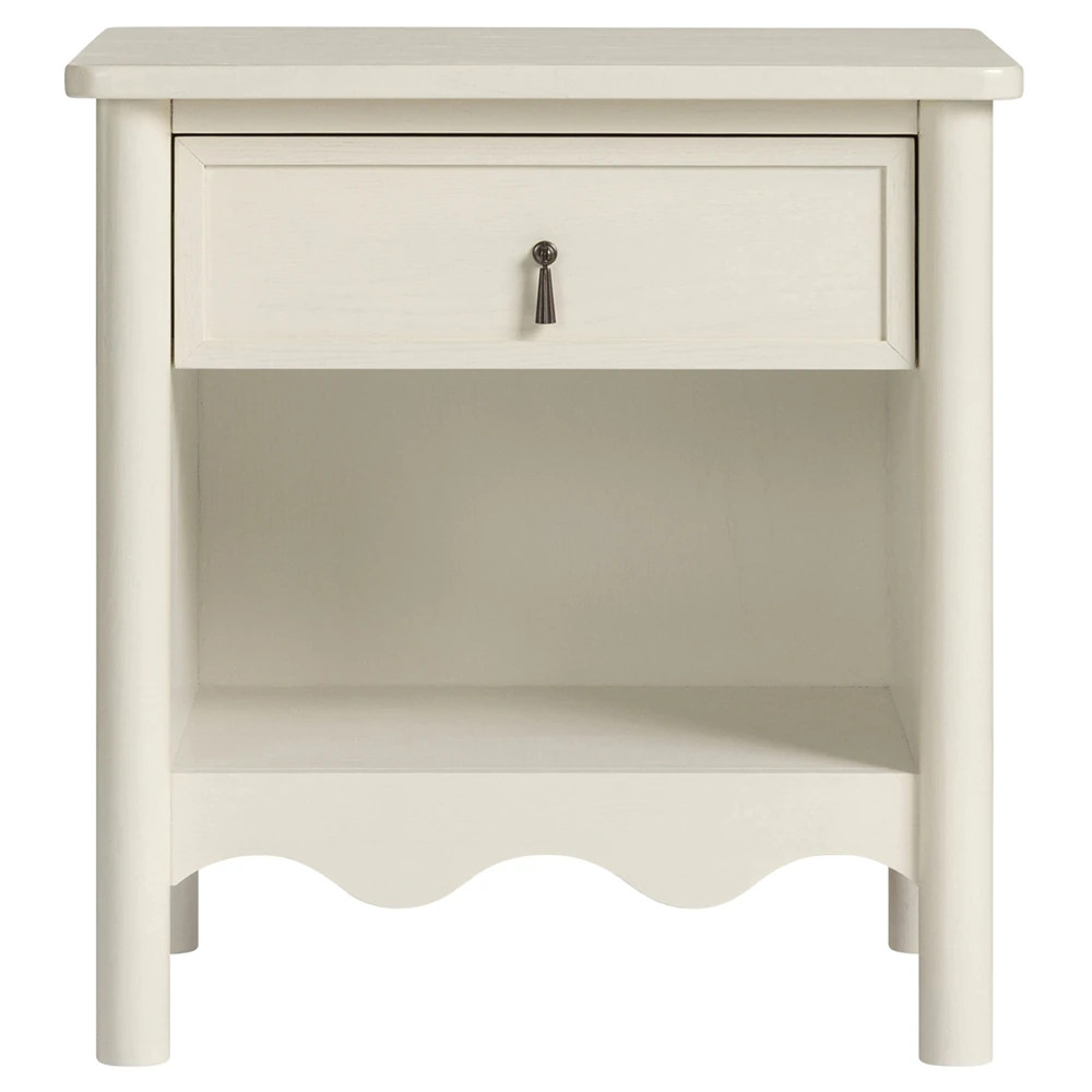 Maeva Updated Traditional Cream Oak Wood Scalloped Nightstand | Kathy Kuo Home