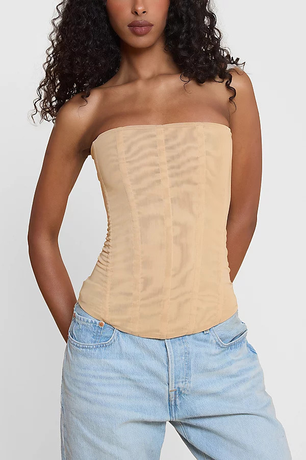 LEAU Muse Mesh Corset Top in Beige, Women's at Urban Outfitters | Urban Outfitters (US and RoW)