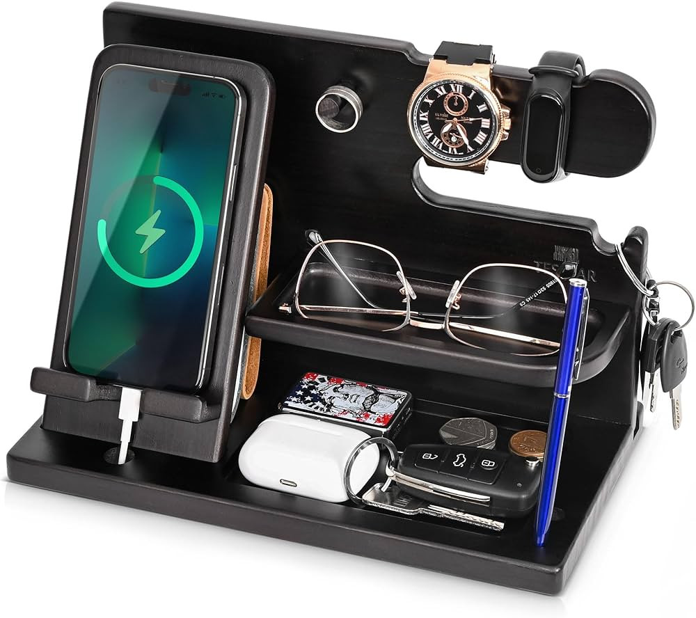 TESLYAR Wood Phone Docking Station for Men - Desk or Nightstand Organizer - Birthday gifts for Hu... | Amazon (US)