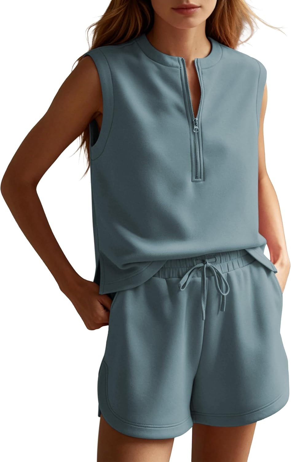 Womens Summer 2 Piece Matching Set Half Zip Tank Top Casual Shorts | Amazon (US)