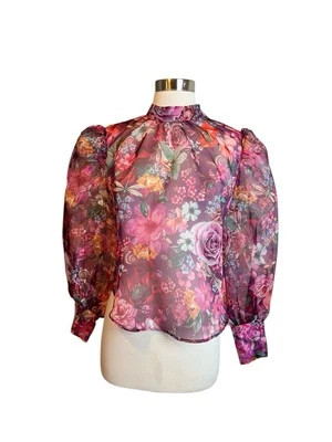 Anthropologie Floral Organza Top S Pink Balloon Sleeve Bow Back Sheer Blouse | eBay US