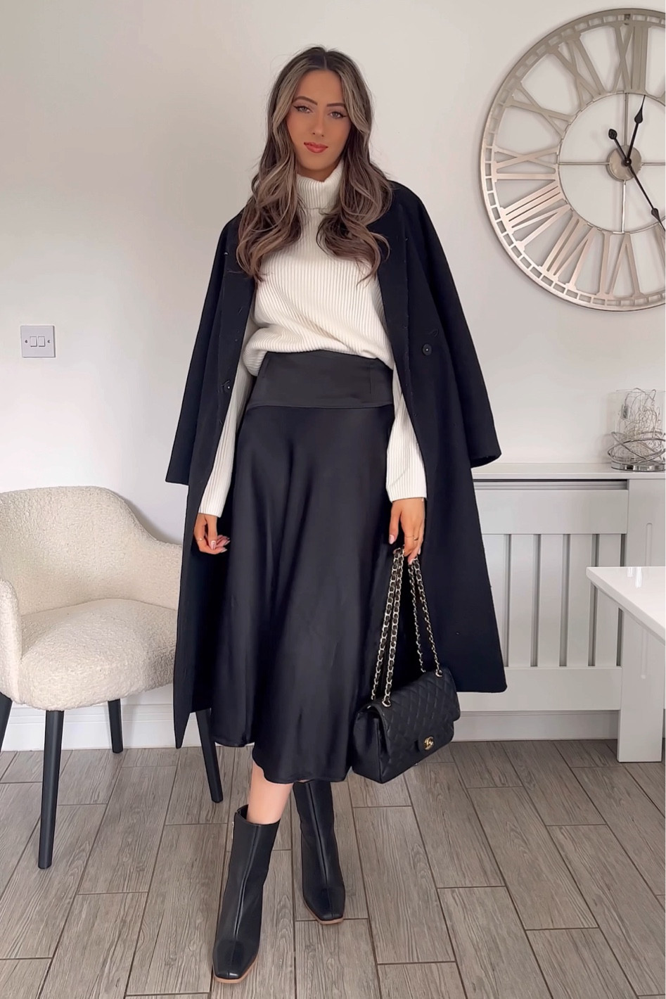 Cream knit jumper, black satin skirt, black wool coat & black boots, outfit inspo. 

#LTKfit #LTKstyletip #LTKeurope