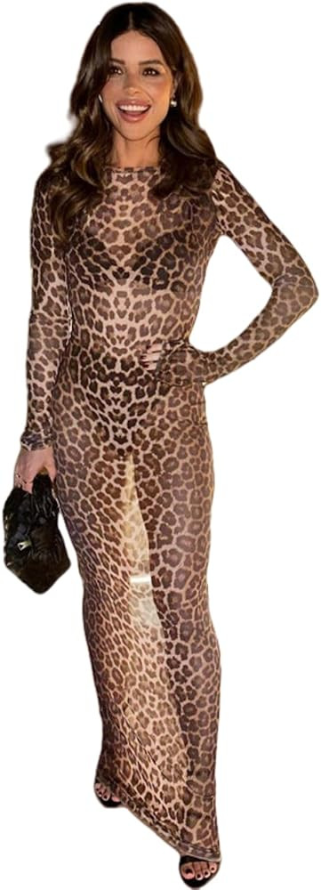 AIBEARTY Women's Leopard Print Long Sleeve Bodycon Maxi Dress Mesh See Through Party Cocktail Bea... | Amazon (US)