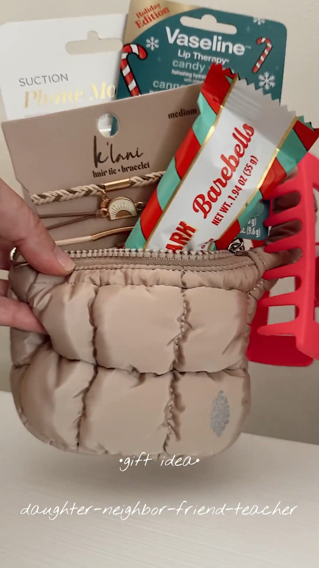 This is a fun one! MINI brrrr bags❄️
These little key chain bags are all the rage! Fill em and make a bunch! A hit for all! Change colors out for more luxe! 🎁
What’s inside:
Bag
Protein bar (we are obsessed with these!)
Claw clip 
Bracelet hair ties 
Case mate phone mount 
Lip gloss (take out of package) 

Change up color way for a more luxe feel! 🎁🍾 add a gift card or whatever you wish! 

#LTKHoliday #LTKSeasonal