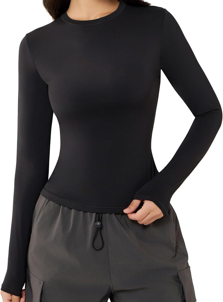 PATTERN HOUR Women's Long Sleeve T-Shirt Slim Fit Crew Neck Basic Sexy Tee Double Line | Amazon (US)