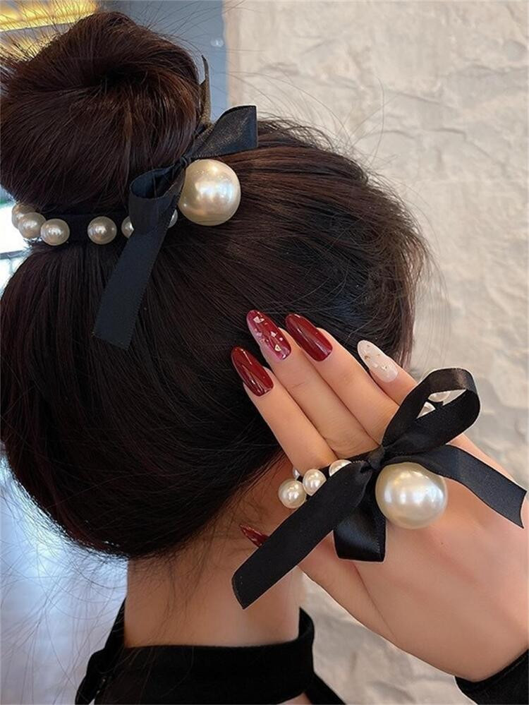 2pcs Women Faux Pearl & Bow Decor Fashion Hair Tie For Hair Decoration | SHEIN