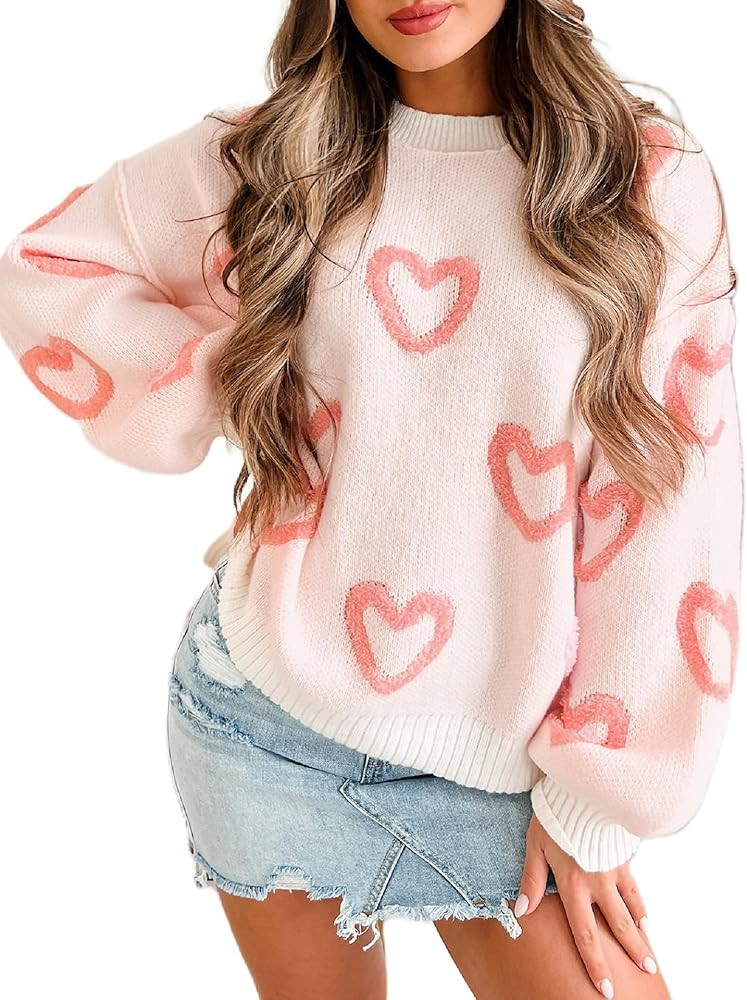 KMBANGI Women Heart Print Sweater Romantic Oversized Knitted Shirt Valentine Love Cute Graphic Lo... | Amazon (US)