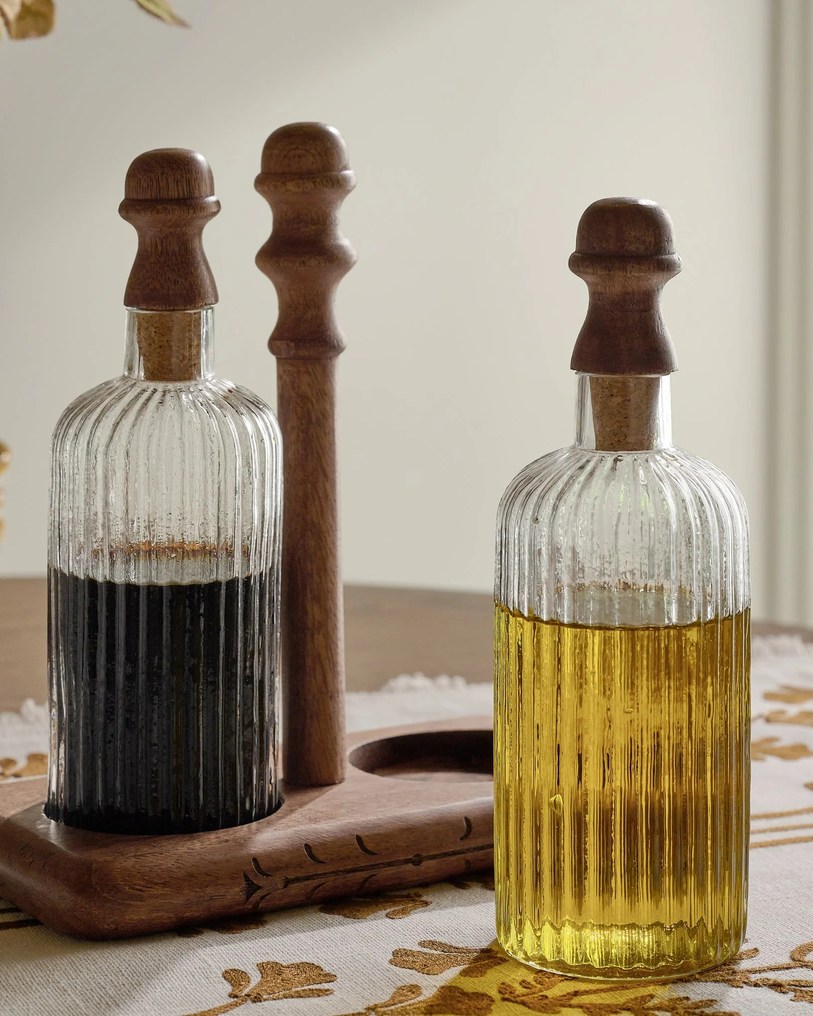 Antiqued Wood Ribbed Glass Oil & Vinegar Set | Magnolia