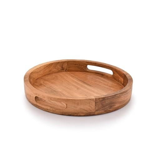 Samhita Round Serving Acacia Wooden Tray with Handles for Serving Beverages & Food on Bar Living Room Home Dining Table (30.48cm x 30.48cm x 4.06cm) | Amazon (UK)