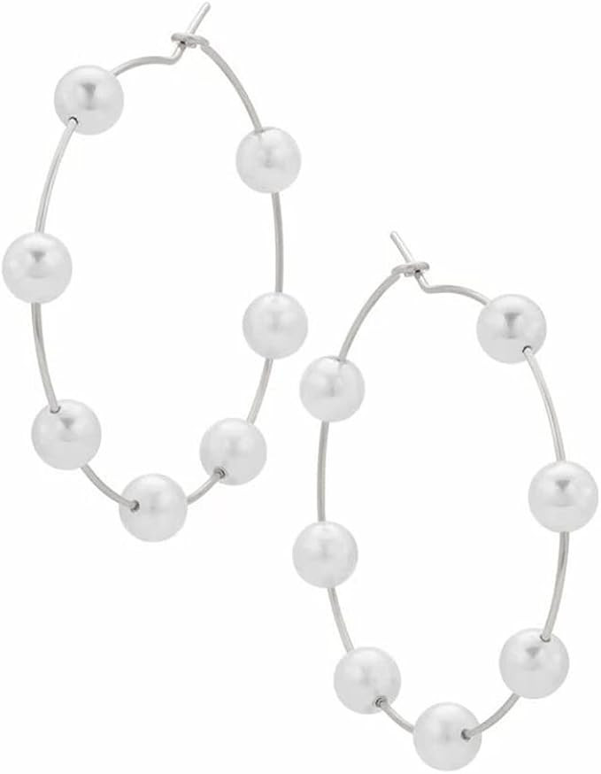 Large Hoops Circle Pearls Earrings Super Huge Gold Silver Thin Dangle earrings Elegant Women Girl... | Amazon (US)