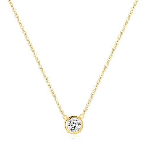 Tewiky Dainty 14k Gold Plated CZ Cubic Zirconia Solitaire Pendant Necklace - Minimalist Choker Necklace for Women ands | Amazon (US)