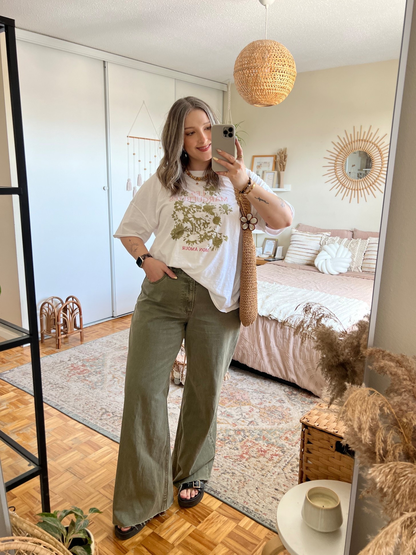 Casual spring outfit! Wearing L in the tee and 32 long in the jeans (I cut the hem for a custom length. Linked similar black sandals


#LTKmidsize #LTKsummer #LTKjeans