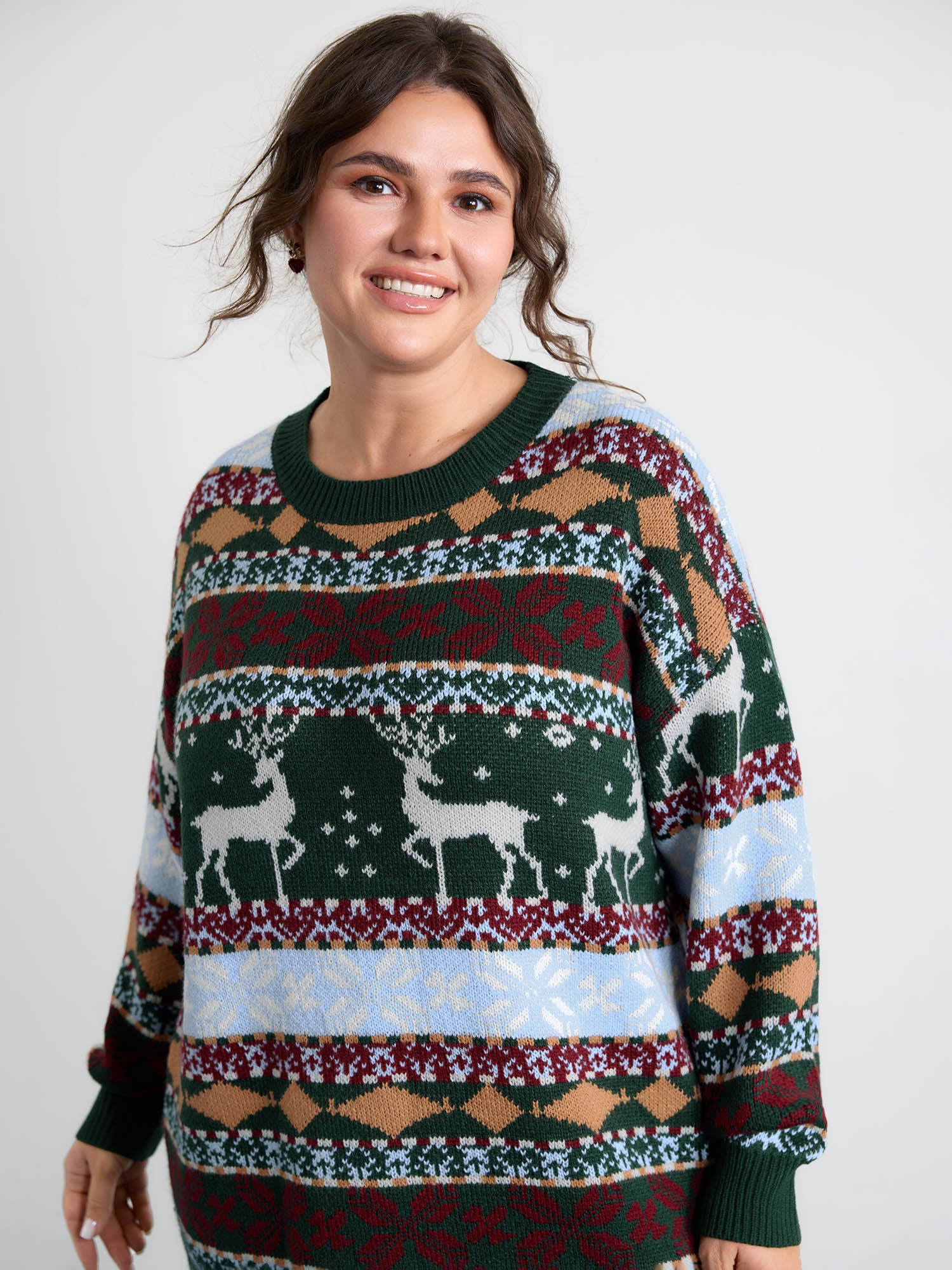 Elk Christmas Print Jacquard Ribbed Hem Pullover | Bloomchic