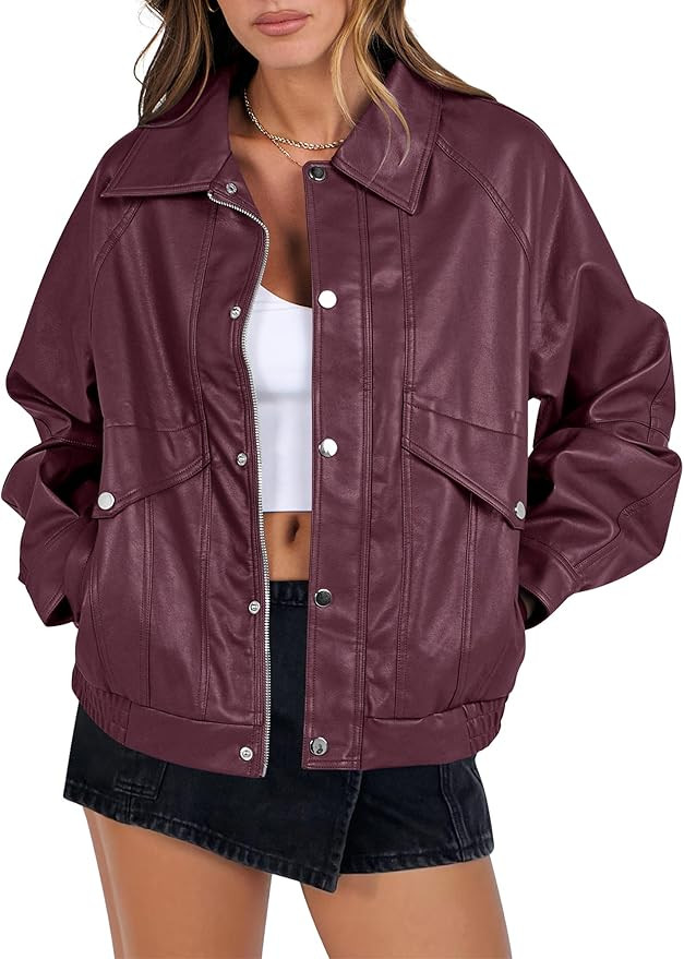 ANRABESS Women Faux Leather Jacket Long Sleeve Button Down Zip Up Motorcycle Biker Coat Fall Outf... | Amazon (US)