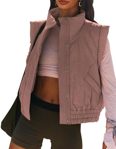 Women's Lightweight Puffer Vest Button Down Crop Quilted Vest Coat Stand Collar Sleeveless Padded... | Amazon (US)