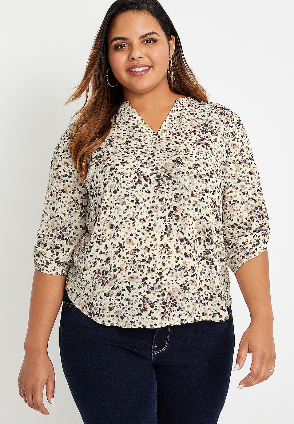 Plus Size Atwood Dot Print 3/4 Sleeve Popover Blouse | Maurices