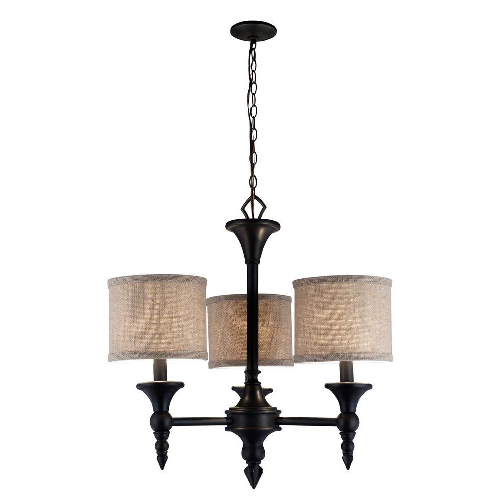 World Imports Jaxson Collection 3-Light Oil-Rubbed Bronze Chandelier with Burlap Fabric Shades | Home Depot