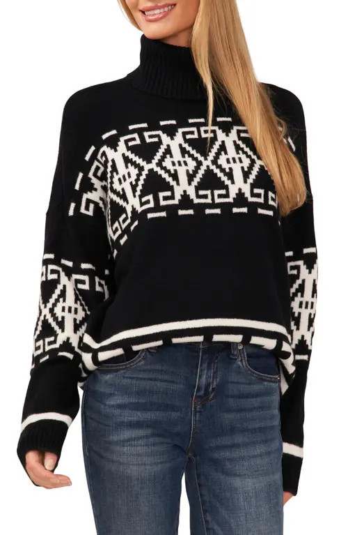 CeCe Fair Isle Turtleneck Sweater in Rich Black at Nordstrom, Size X-Small | Nordstrom