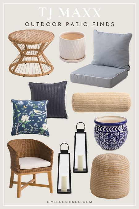 TJ Maxx patio finds. Outdoor patio decor. Outdoor patio wicker woven chairs. Patio side table. Outdoor planter. Outdoor pillow. Woven jute pillow. Blue and white planter. Black outdoor lanterns. Patio chair cushions. 

#LTKSeasonal #LTKhome #LTKfindsunder50