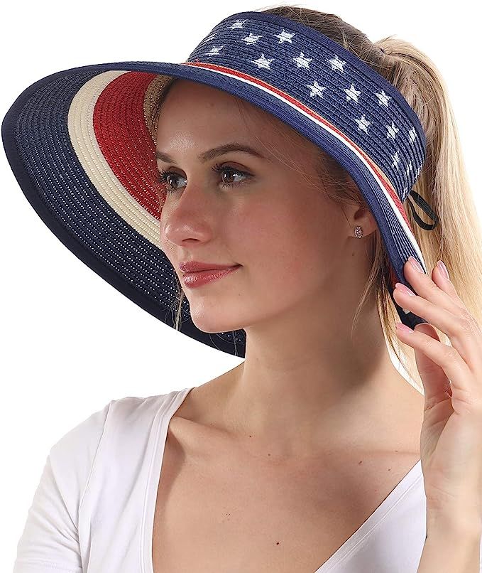 Women Sun Visors Foldable Straw Hats Summer Beach Packable Hat Floppy Wide Brim Cap Deep Style, A... | Amazon (US)