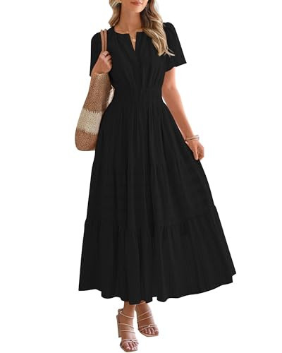 BTFBM Womens Summer 2026 Casual Midi Maxi Dresses Lightweight Short Sleeve V Neck Elastic Waist Boho Beach Dress Pockets(Black, Small) | Amazon (US)
