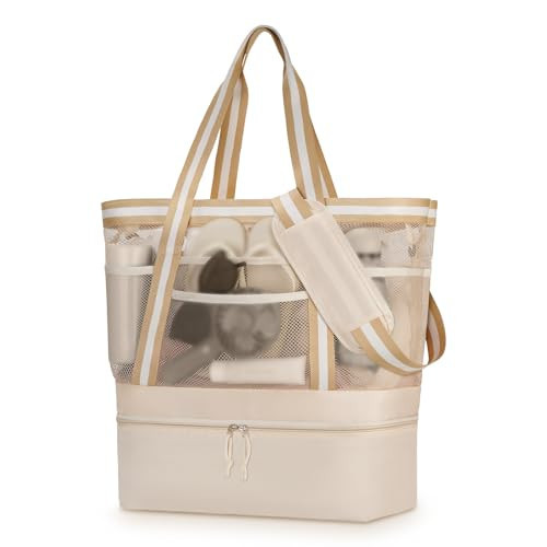 WOOMADA Beach Tote Bag With Cooler, Large Mesh Beach Bags for Women with Wet Pocket, Pool, Swim, Travel Essentials（Beige） | Amazon (US)