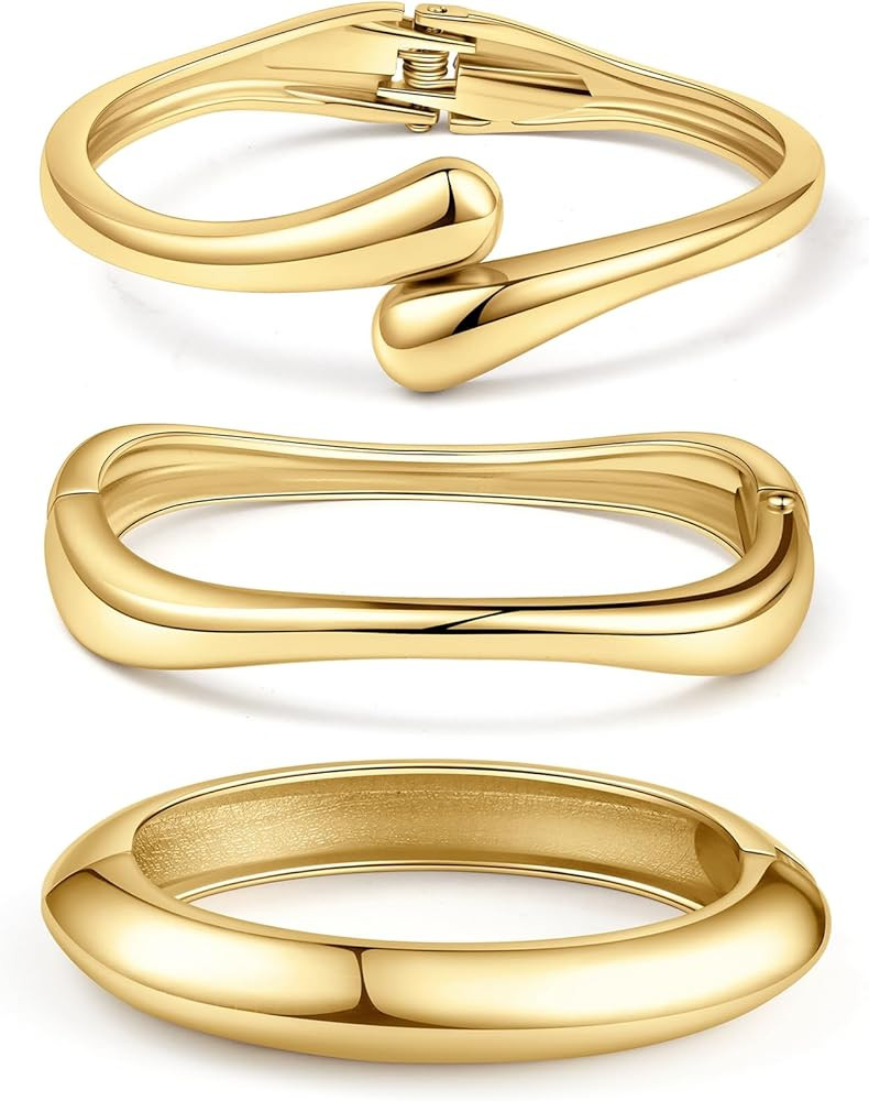 WAINIS 3Pcs Chunky Gold Bangle Bracelets for Women Trendy Wide Wrist Cuff Bracelets Stack Stateme... | Amazon (US)