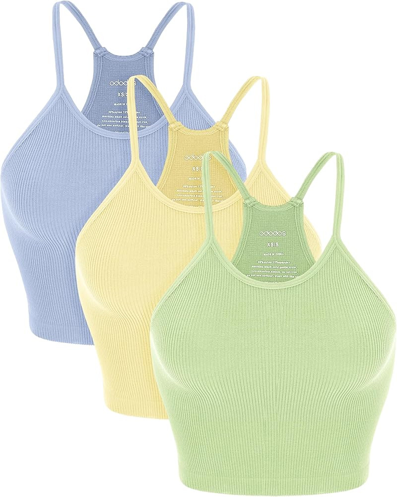 ODODOS Women's Crop 3-Pack Washed Seamless Rib-Knit Camisole Crop Tank Tops | Amazon (US)