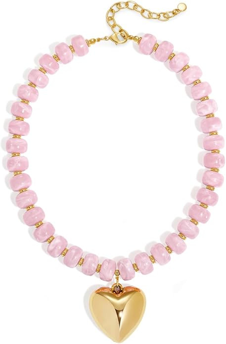 Puffy Gold Heart Necklaces For Women Chunky Beaded Necklace in Several Colorways Short Heart Chok... | Amazon (US)