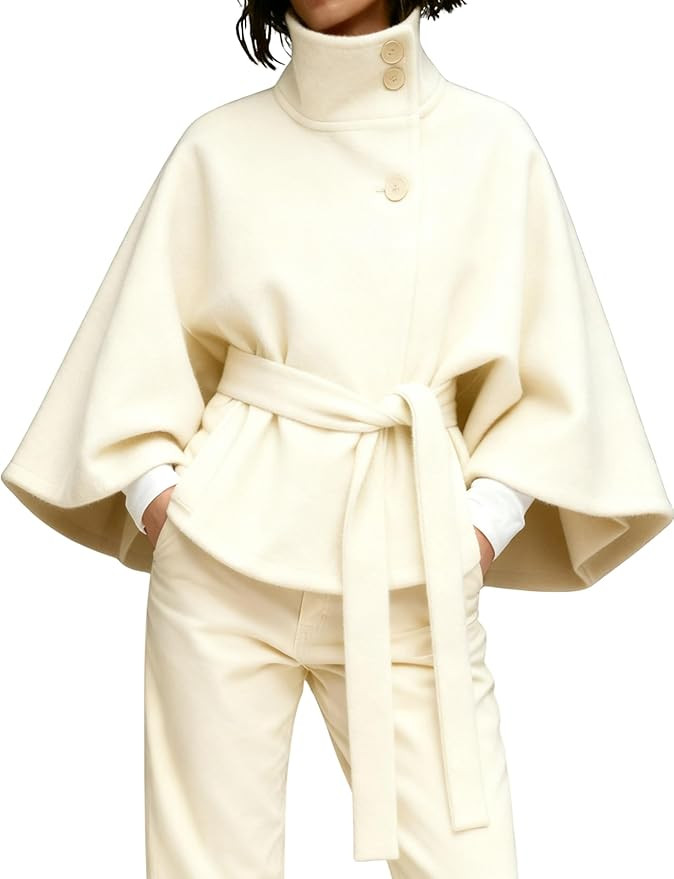 Hooever Women Batwing Sleeve Ponchos Pea Coat Wool Bland Stand Collar Jacket Winter Cropped Overc... | Amazon (US)