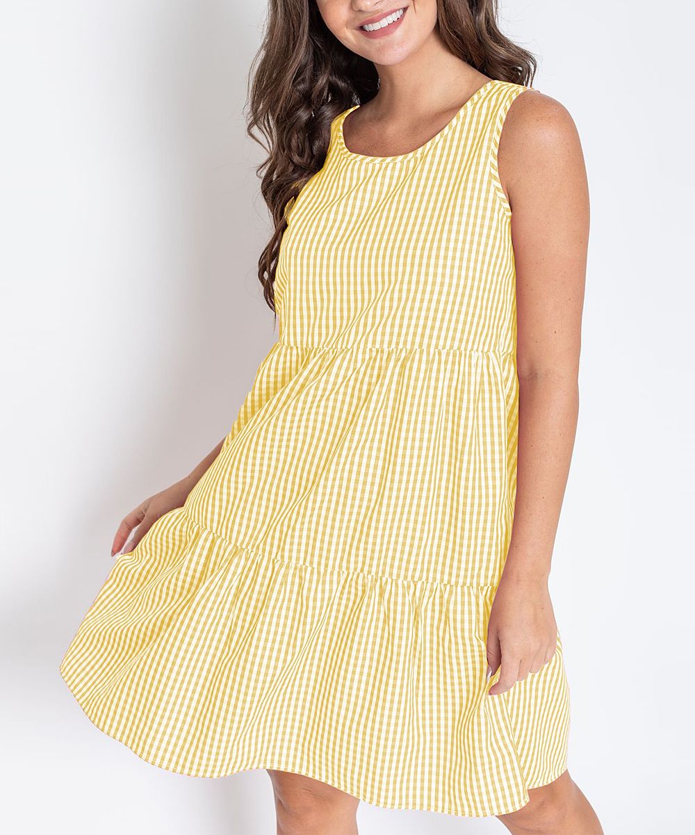 egs by eloges Women's Casual Dresses Yellow - Yellow & White Gingham Sleeveless Tiered Shift Dress - | Zulily