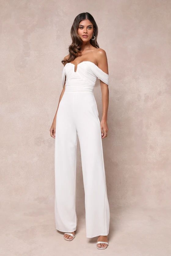 Gorgeous Fantasy White Mesh Ruched Off-the-Shoulder Jumpsuit | Lulus (US)