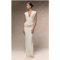 Cream Double Layer Plunge Ruched Shoulder Drape Waist Maxi Dress | PrettyLittleThing US